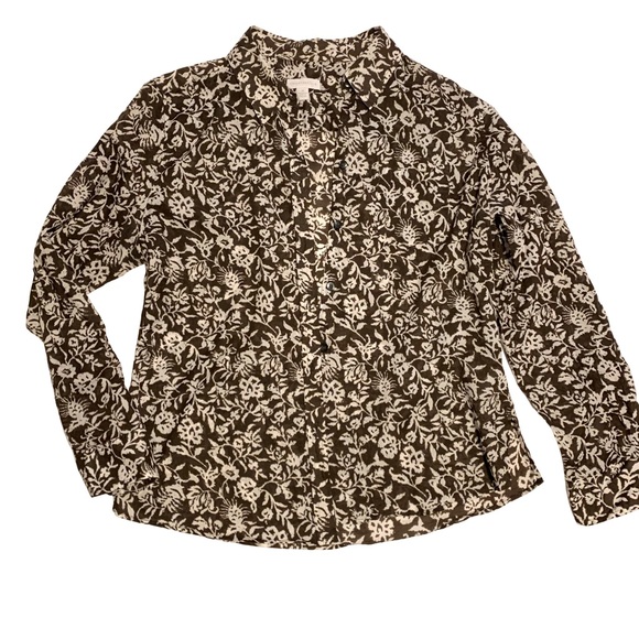 Charter Club Women’s Brown and Cream Button Down Floral Pattern Blouse Size 14 - Picture 1 of 7